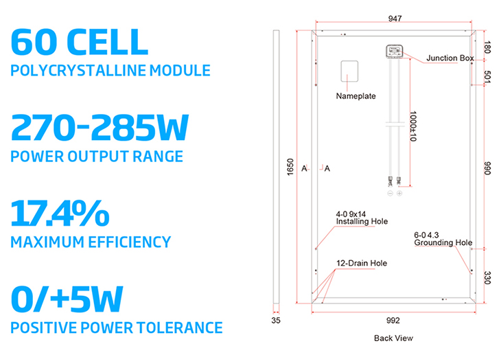 250W 260W 270W 285W Polycrystal Glass Panel Size 