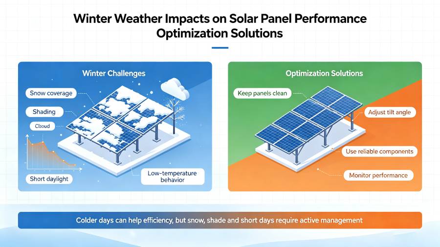 Winter Impacts on Solar Performance & Optimization Winter Weather Impacts on Solar Panels Diagram